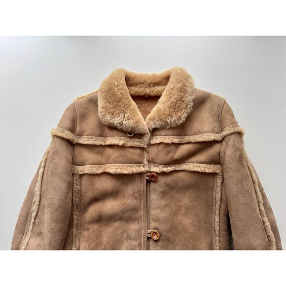 Vintage 70's Tan Genuine Sheepskin Suede Leather Shearling Ranch Coat, Size 6/XS - Picture 6 of 16